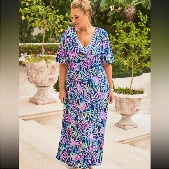 chinese dress ladies Lilly Pulitzer Women's Malone Maxi Dress, Las Olas Aqua Strong Current Sea  at Amazon Women's Clothing store